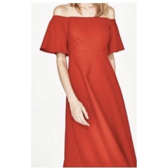Zara Off The Shoulder Red Midi Dress Short Sleeve Size Medium Preppy Holiday - Picture 1 of 10
